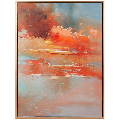 Coral Orange Horizon Sunrise Retro Oil Painting Gold Frame Coastal Blue 47" H   302670661694